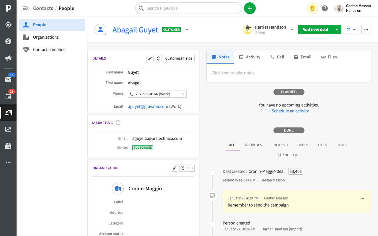 Contact details view with new marketing panel